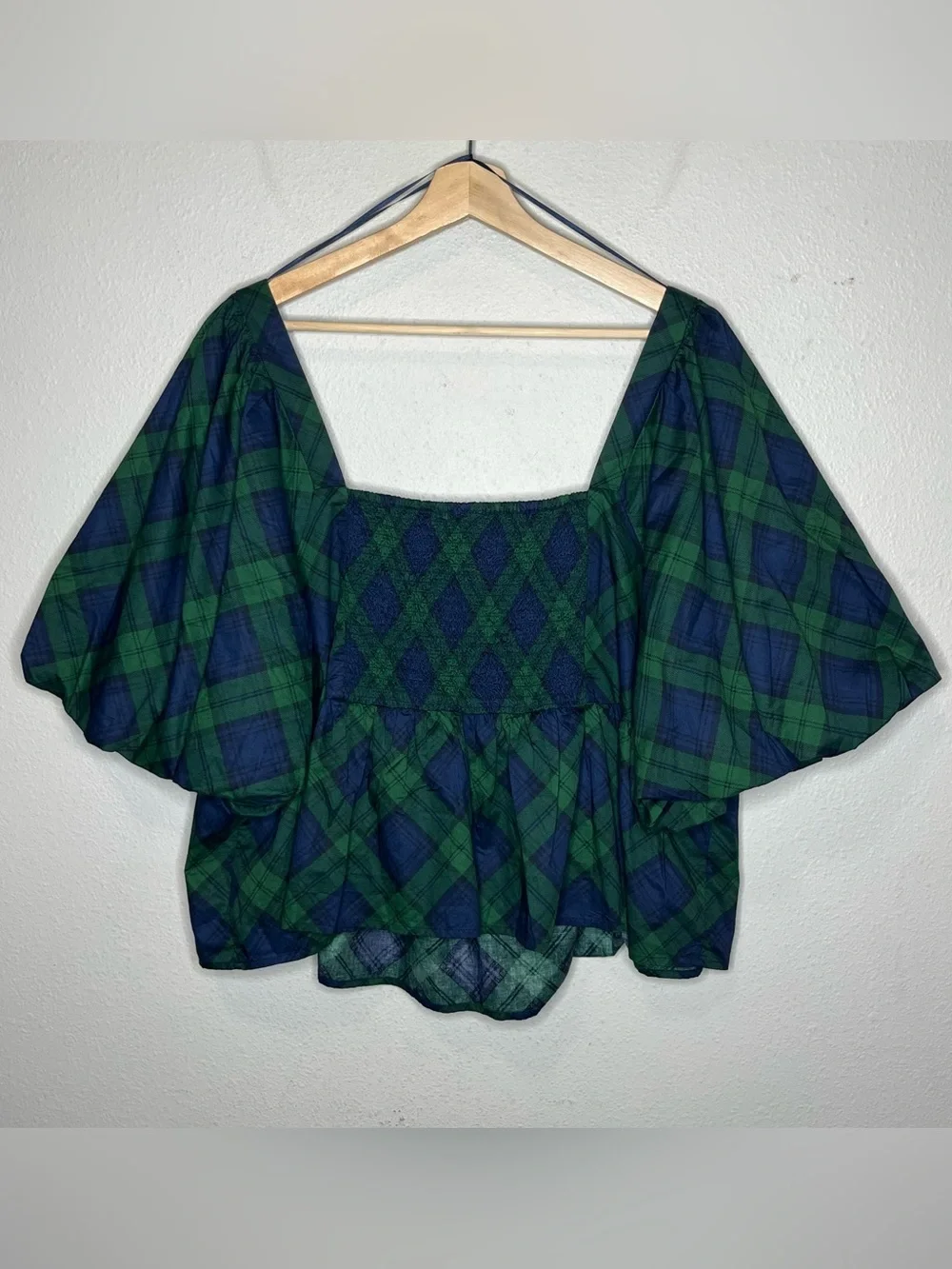 Old Navy Blue Green Plaid Puff Sleeve Peplum Top Blouse Size 3X